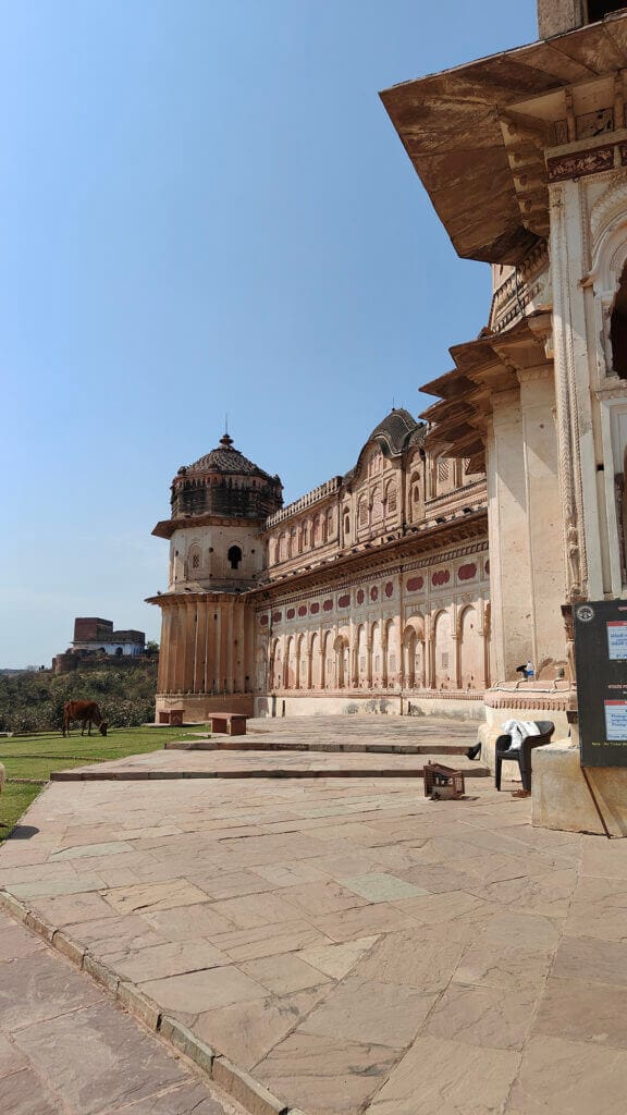 Historic Indian palace with intricate carvings and domed towers, set against a clear blue sky. A cow grazes on the green field nearby, while scattered benches and signs are visible in the foreground.