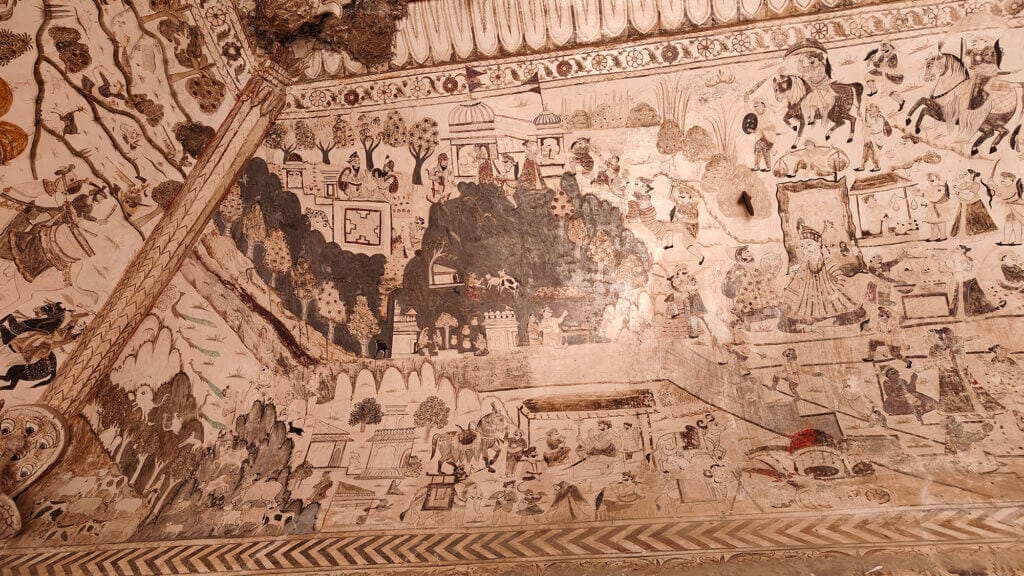 paintings o history on the cieling of the vault at laxmi narayan temple