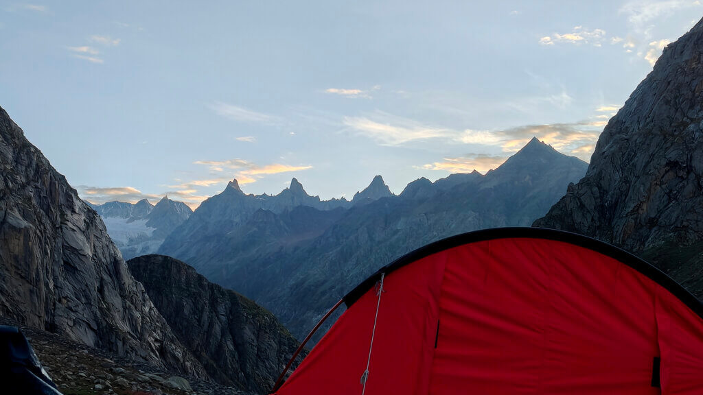 Mountain peaks visible rom camp at hampta pass