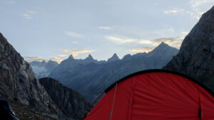 Mountain peaks visible rom camp at hampta pass